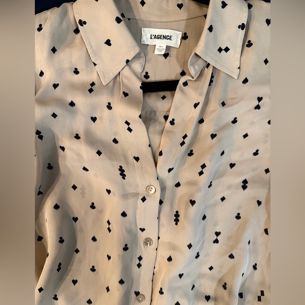 L'AGENCE Silk Cream Button Down Shirt with Black Patterns